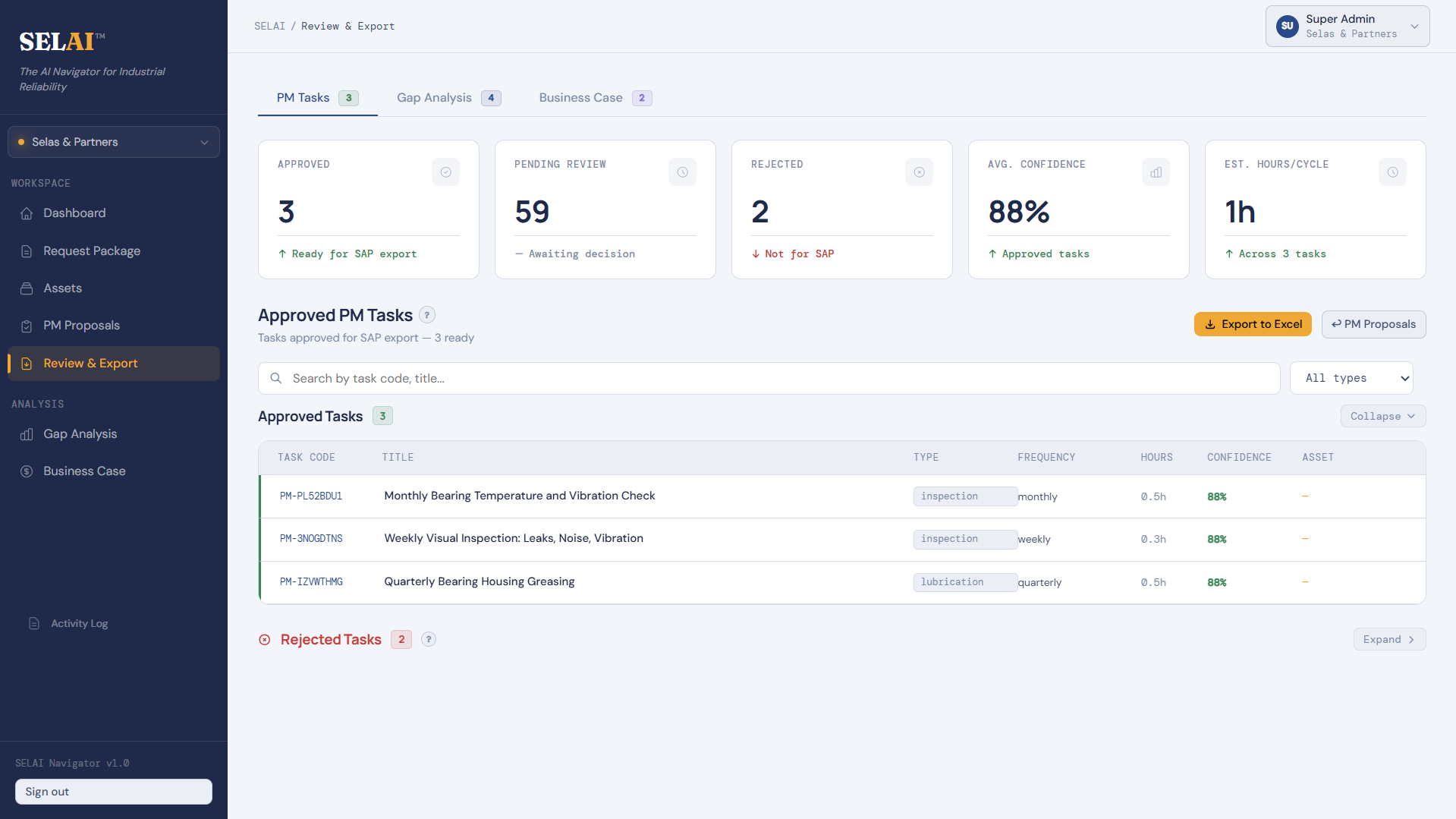 SELAI Navigator review and export - approved PM tasks ready for SAP export alongside pending and rejected tasks